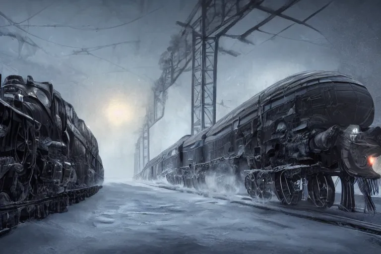 Image similar to a grand intricate futuristic black steam train next to a giant mammoth, post - apocalyptic ice landscape in snowstorm, concept art, artstation, highly detailed, digital art