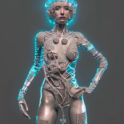 Prompt: woman full body, ethereal, biomechanical, cyberpunk, covered in gems / diamond, elegant posed intricate, extremy detailed andrew chiampo, frederik heyman, beeple, cgsociety, artstation. cinematic lighting, highly detailed 4 k art