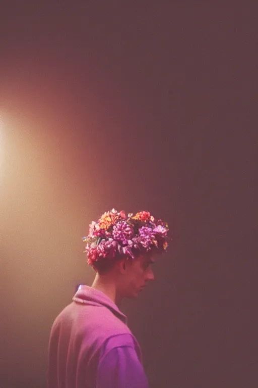 Image similar to kodak portra 4 0 0 photograph of a skinny guy looking into a otherworldly portal, flower crown, back view, vaporwave colors, grain, moody lighting, moody aesthetic,