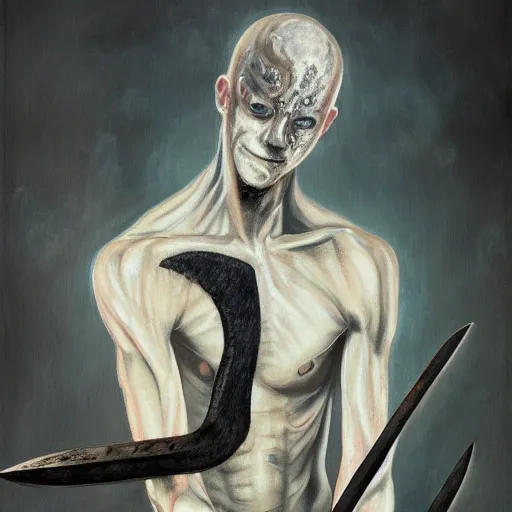 Image similar to fantasy painting of a pale man with a black blade covered in runes, painted by Michael Whalen, ultra detailed, 8k