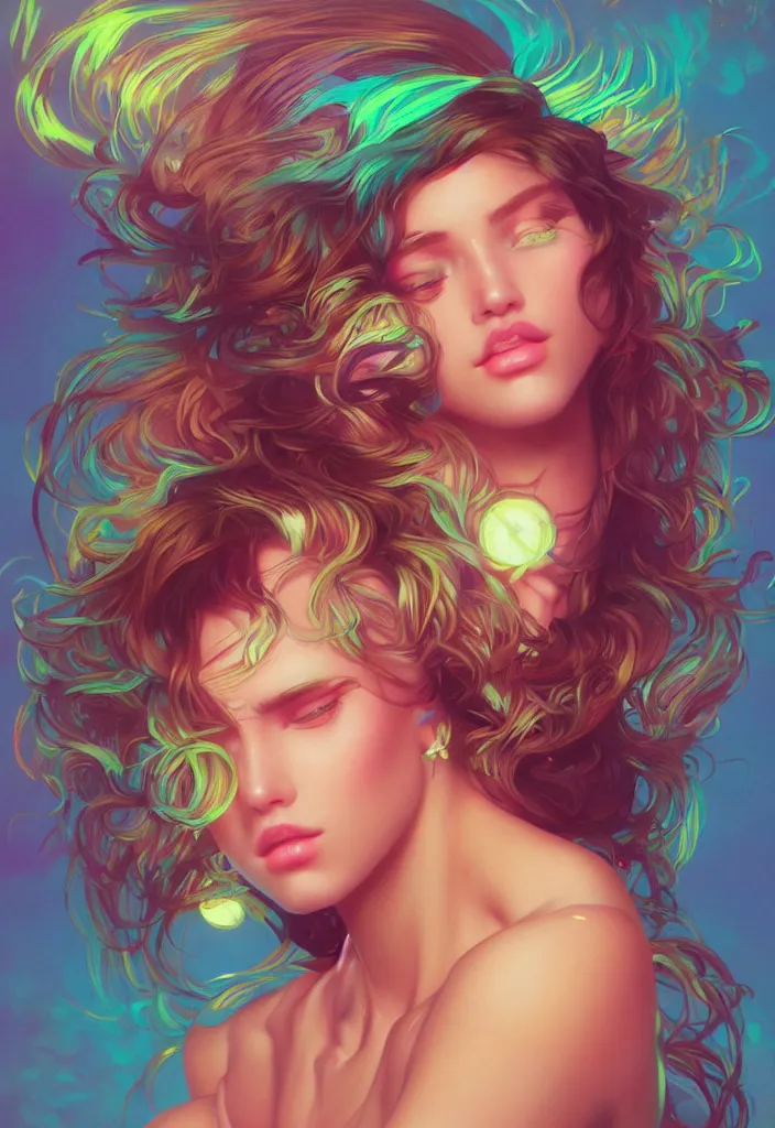 Image similar to beautiful, young woman, detailed gorgeous face, vaporwave aesthetic, synthwave, colorful, psychedelic, artstation, concept art, smooth, extremely sharp detail, finely tuned detail, ultra high definition, 8 k, unreal engine 5, ultra sharp focus, illustration, art by artgerm, greg rutkowski and alphonse mucha