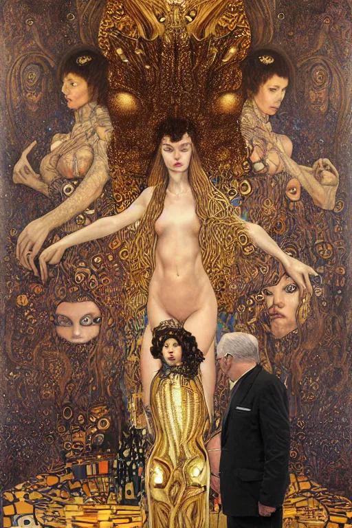 Prompt: Divine Chaos Engine portrait by Karol Bak, Jean Deville, Gustav Klimt, people looking at a large painting wearing oculus in a contemporary museum, dark, intricate, realistic detailed image of a semi overhead view of an old couple sitting on a couch highly detailed, smooth, artstation, digital illustration by moebius. James jean graffiti. Artgerm and Franics Bacon and Greg Rutkowski and Zdzislaw Beksinski