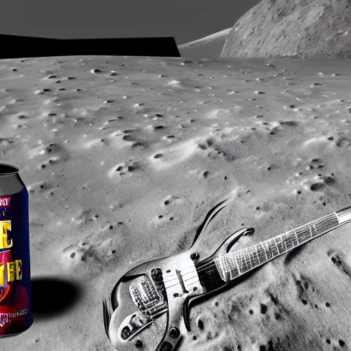 Prompt: photo of a detailed realistic idle electric guitar and a detailed realistic idle beer can next to one another on the moon surface. realistic. detailed