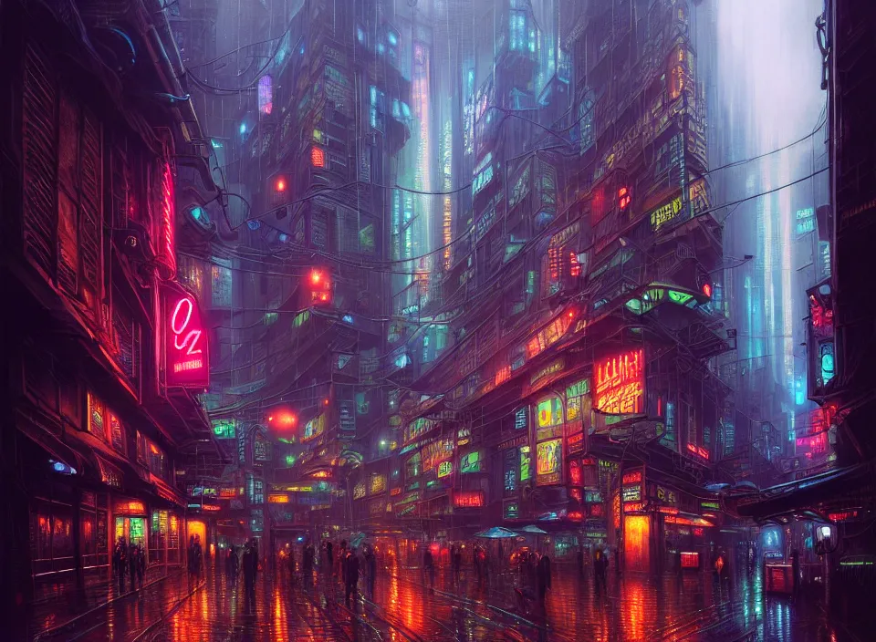 Image similar to rainy night in a cyberpunk city, neon lights, intricate, elegant, highly detailed, centered, digital painting, artstation, concept art, smooth, sharp focus, illustration, artgerm, tomasz alen kopera, peter mohrbacher, donato giancola, joseph christian leyendecker, wlop, boris vallejo