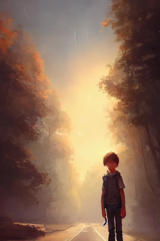 Image similar to Full body portrait of a short!, overweight!! teenage boy, medium length brown hair and fringe, eyes half closed, mouth open, not intelligent, standing in road, by Jordan Grimmer and Wojtek Fus and greg rutkowski, Trending artstation, cinematográfica, digital Art