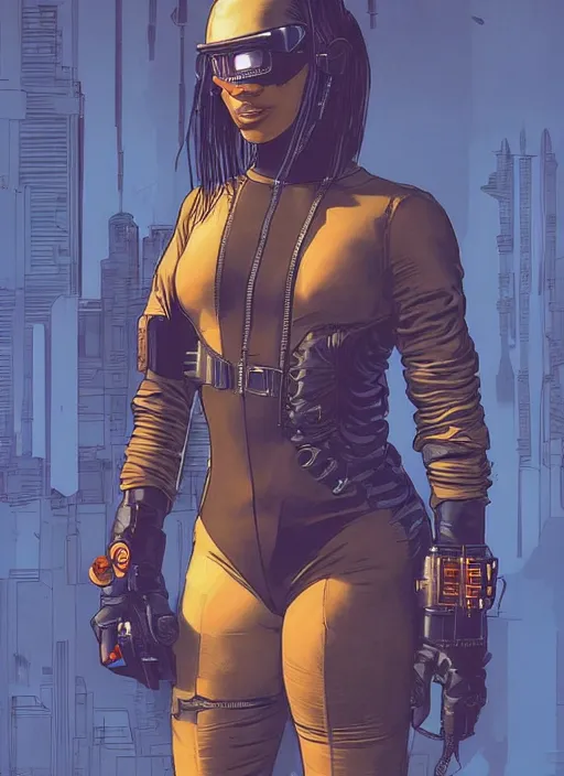 Image similar to selina igwe. cyberpunk mercenary in tactical harness and jumpsuit. dystopian. portrait by stonehouse and mœbius and will eisner and gil elvgren and pixar. realistic proportions. cyberpunk 2 0 7 7, apex, blade runner 2 0 4 9 concept art. cel shading. attractive face. thick lines. moody industrial landscape.