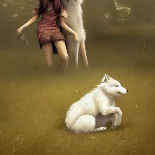 Prompt: A beautiful painting of an anthropomorphic wolf and rabbit sitting in a field and hugging, artstation trending, greg rutkowski