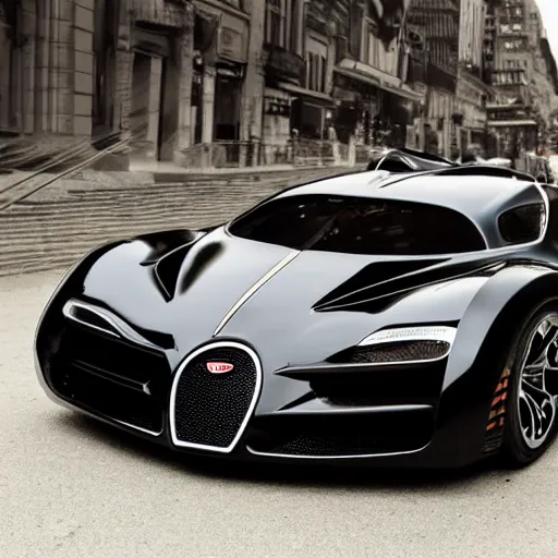 Image similar to Batmobile designed by Bugatti, full image, Batmobile, promotional photo Batmobile