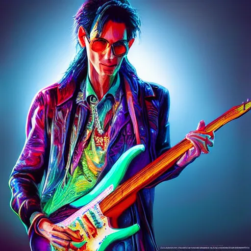 Image similar to photorealistic steve vai. hyperdetailed photorealism, 1 0 8 megapixels, amazing depth, glowing rich colors, powerful imagery, psychedelic overtones, 3 d finalrender, 3 d shading, cinematic lighting, artstation concept art