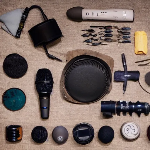 Image similar to a microphone taken apart and all its parts laid out neatly on a table