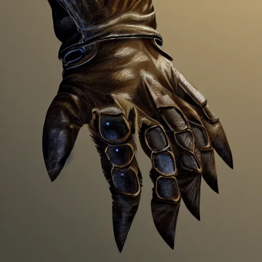 Image similar to metal claws on gloves, old leather gloves with attached talons, pointy fingertips, dark background, highly detailed, 8 k, trending on artstation, mystic, rpg artwork, by peter jackson, by sauron