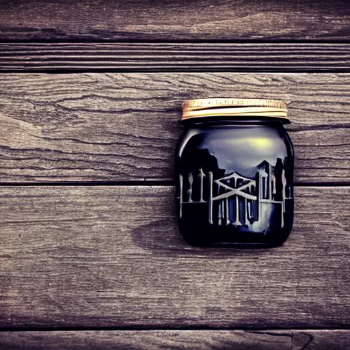 Prompt: obsidian black castle inside of a glass mason jar, on a wooden desk, tilt shift