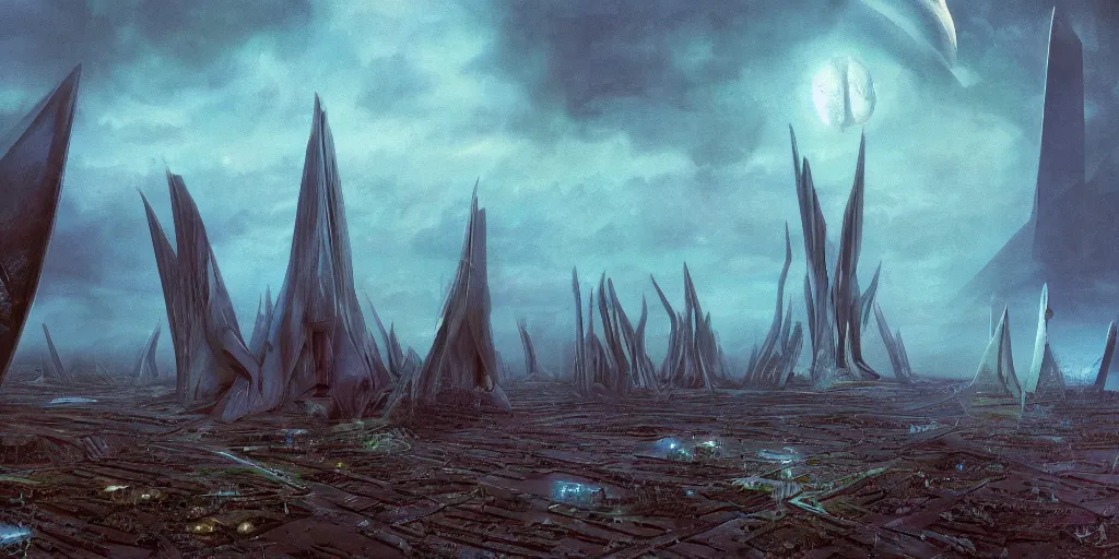 Prompt: future forest city attacked by spaceship, trees, plant, broken buildings, doom of the gods, monster, gravity mess, star trek, glory war, photograph, by arthur haas and bruce pennington and john schoenherr, cinematic matte painting, zaha hadid building, photo realism, dark moody color palate, blue hour stars, desolate glacial landscape,