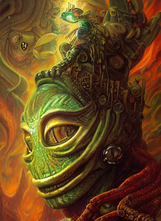 Image similar to mf doom reptile eyes, shamanic poster lsd art, intricate, elegant, highly detailed, centered, digital painting, artstation, concept art, smooth, sharp focus, illustration, artgerm, tomasz alen kopera, peter mohrbacher, donato giancola, joseph christian leyendecker, wlop, frank frazetta