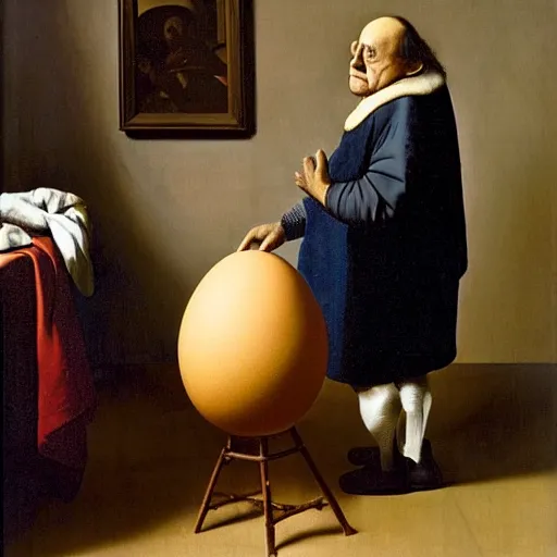 Image similar to danny devito standing next to a chair shaped like an egg, renaissance painting by vermeer