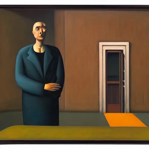 Prompt: fearful visage, portrait, peasant, cathedral, dystopian, pj crook, edward hopper, oil on canvas