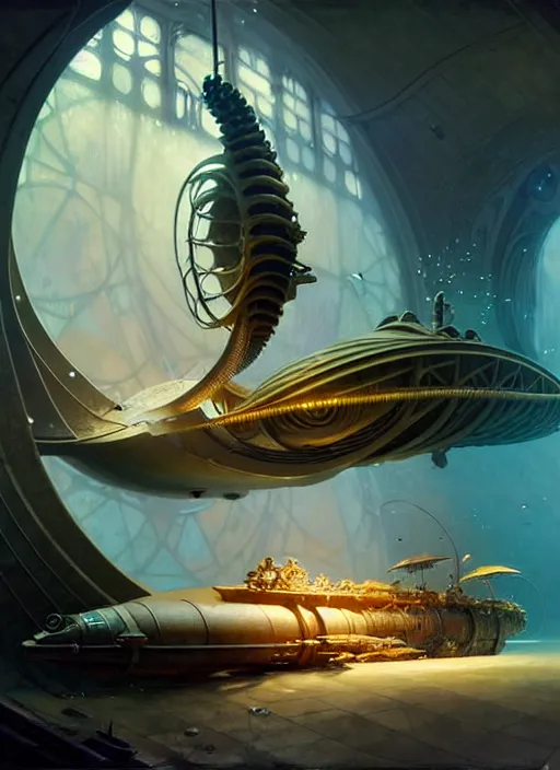 Image similar to epic concept illustration, highly detailed, intricate mechanical design, hard science concept art, underwater nautilus submarine being prepared for launch, by greg rutkowski and alphonse mucha. uhd, cinematic lighting, amazing depth, cinematography by 2 0 1 7