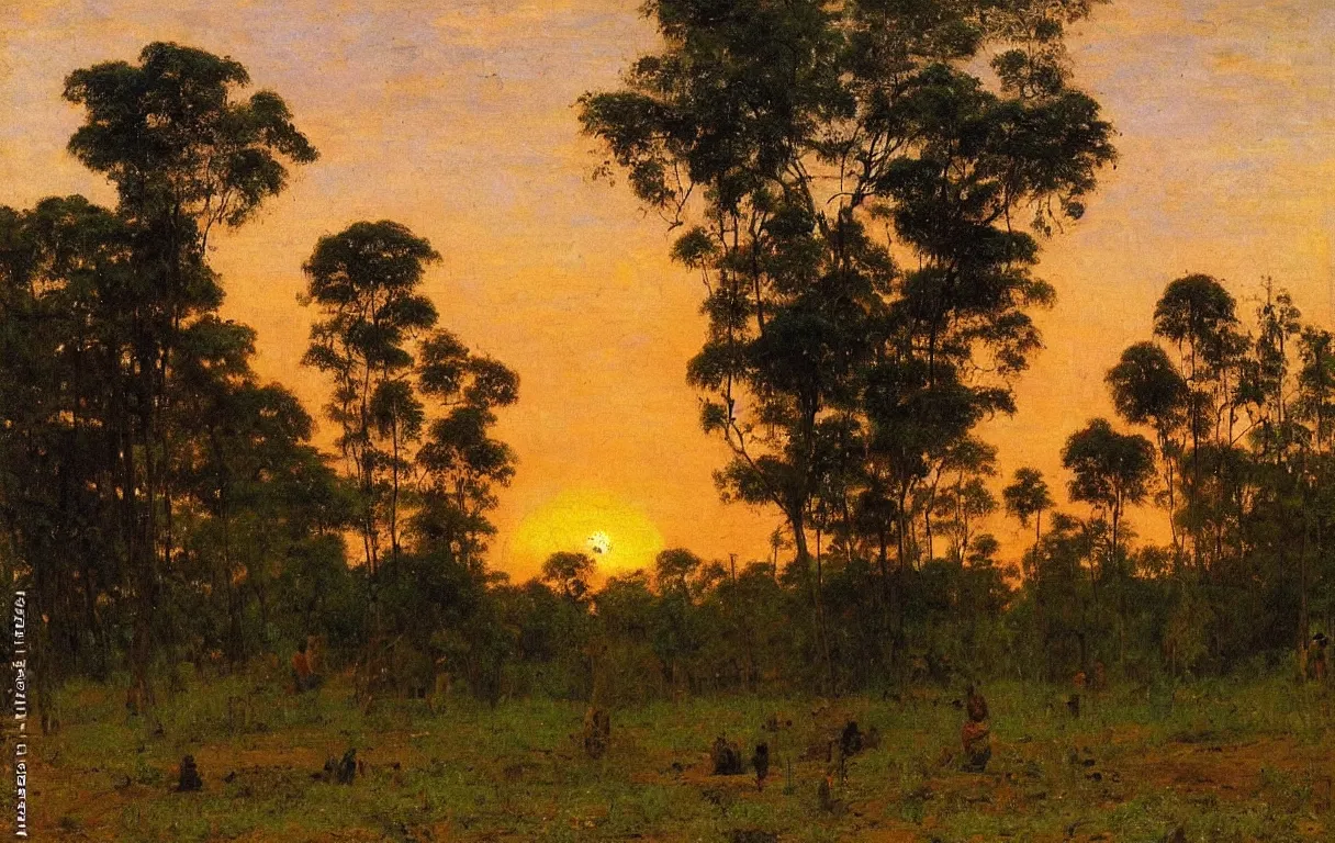 Prompt: landscape of the forests of Dahomey in Benin with a small village in centre painting, sun setting on horizon, 1885, colorful highly detailed oil on canvas, by Ilya Repin