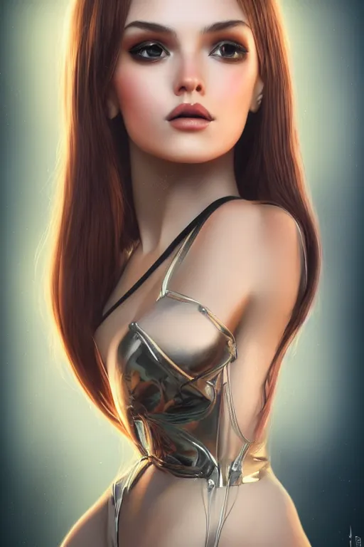 Prompt: full portrait of a beautiful female dollpunk with thin lustrous hair wearing a bodysuit, reflections, focus, detailed, realistic eyes, symmetric features proportions, intricate facial skin details, award winning, trending in cgsociety artstation deviant art, octane render, byTom Bagshaw