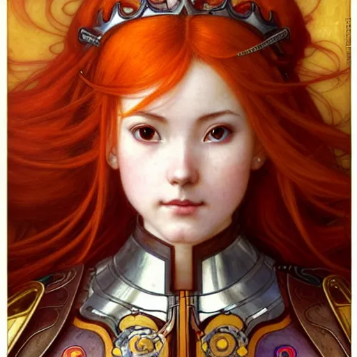 Image similar to Masterpiece head and shoulders portrait of Asuna Yuuki, young woman with orange hair wearing a partial paladin armor with a red skirt and white top, face, fantasy, intricate, elegant, highly detailed drawn by Donato Giancola and Tom Bagshaw, face by Artgerm and Edmund Leighton, Alphonse Mucha, background by James Jean and Gustav Klimt, 4k, porcelain skin, komorebi, french nouveau, trending on pixiv, octane render, hyperrealistic