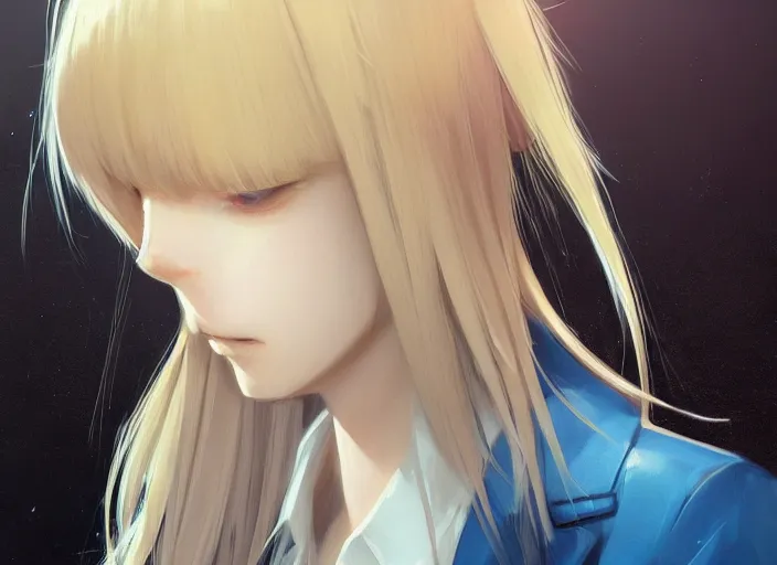 Prompt: androgynous girl with sky blue straight hair, bangs, amber eyes, gold eyes, wearing a black jacket, high collar, ultra detailed, concept art, award winning photography, digital painting, cinematic, by wlop, anime key visual, closeup, pixiv, happy, yoshitaka amano, ilya kuvshinov,