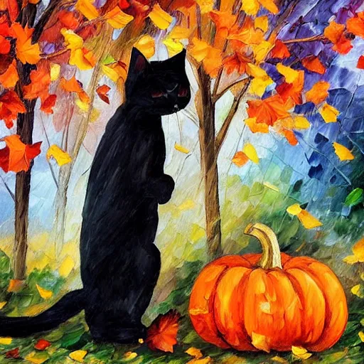 Image similar to black cat with arched back standing on halloween pumpkins in a pile of autumn leaves detailed painting in the style of leonid afremov 4 k