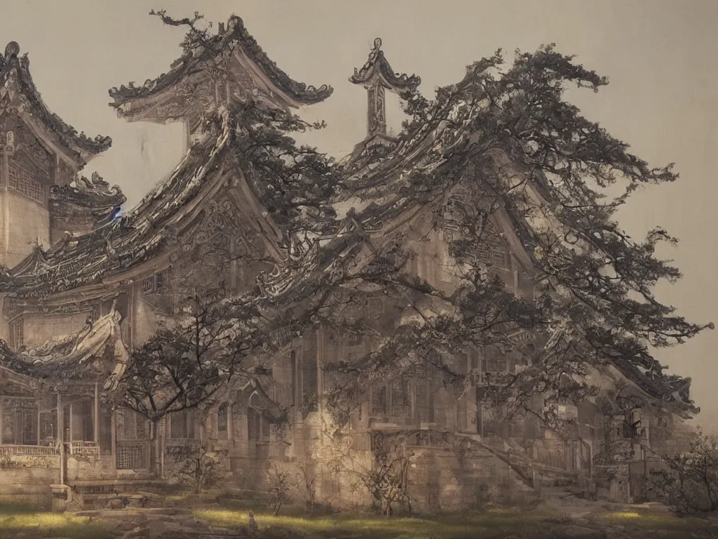 Image similar to A beautiful landscape painting of a Chinese traditional Gothic church, trending on artstation