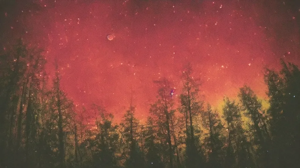Image similar to psychedelic polaroid of a night sky. A glimpse through a small gap in the foliage and overgrowth and the trees of the huge gibbous moon in a dark sky, wreathed in red mist, starlight, night-time, crimson and black sky, dark enclosed, cozy, quiet forest night scene, spangle
