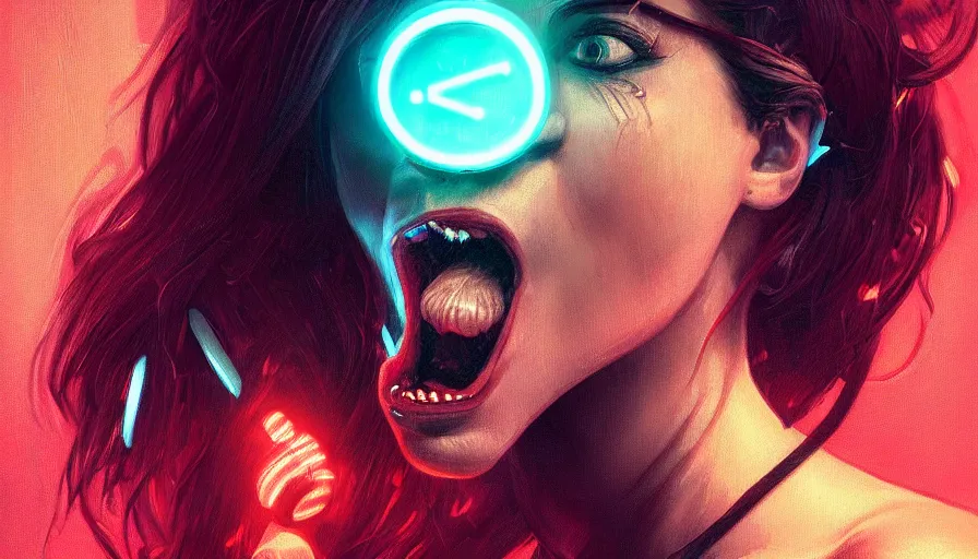 Image similar to pixelated mouth, scream, cyberpunk angry gorgeous goddess, , cigar, neon, alterd carbon, fibonacci, sweat drops, insane, intricate, highly detailed, digital painting, artstation, concept art, smooth, sharp focus, illustration, Unreal Engine 5, 8K, art by artgerm and greg rutkowski and alphonse mucha