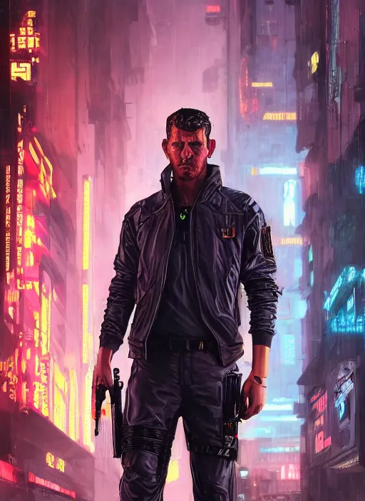 Image similar to andy griffith. cyberpunk mercenary in a cyberpunk jumpsuit ( blade runner 2 0 4 9, cyberpunk 2 0 7 7 ). orientalist portrait by john william waterhouse and james gurney and theodore ralli and nasreddine dinet, oil on canvas. cinematic, hyper realism, realistic proportions, dramatic lighting, high detail 4 k