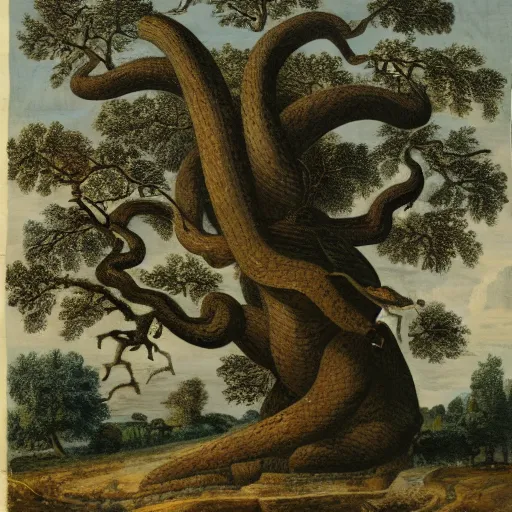 Prompt: a giant snake with an oak tree for a head