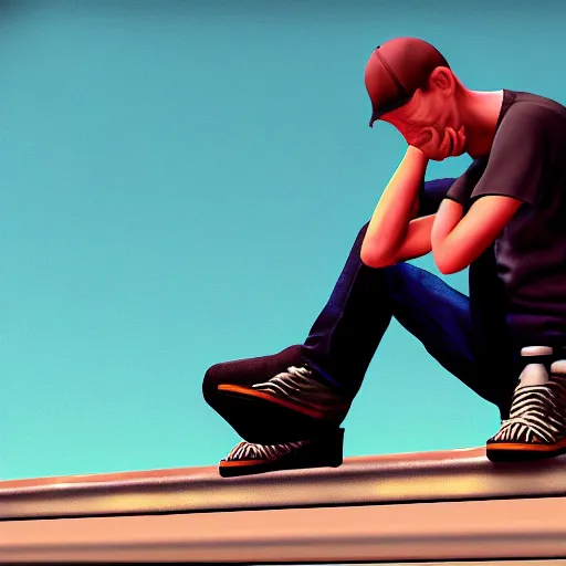 Image similar to tony hawk crying, he has no legs, photograph, hyper realistic, outdoors, midafternoon, 4 k, artstation, unreal engine, cinematic