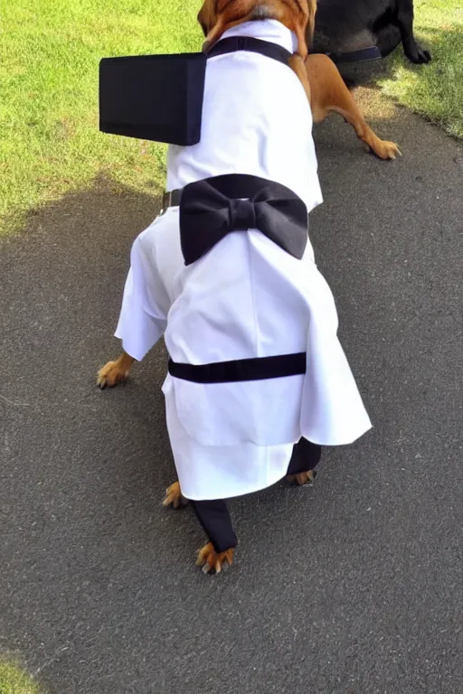 Image similar to a dog dressed as a waiter