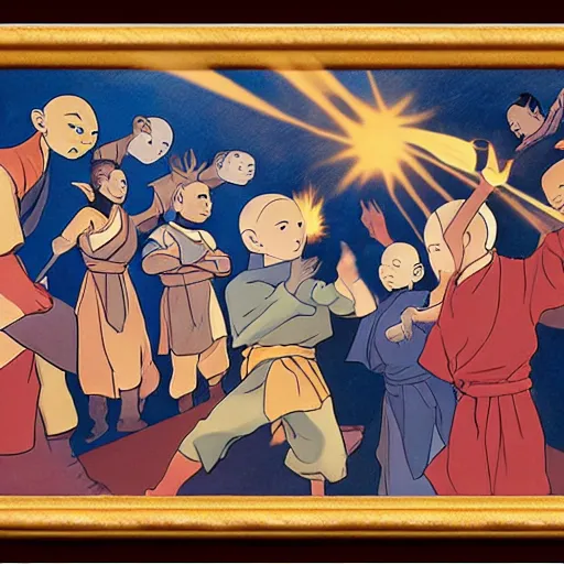 Image similar to spontaneous avatar the last airbender by andre lhote. a group of people in a dark room. the only source of light is a small window in the corner. the people are all looking at something outside of the kinetic sculpture.