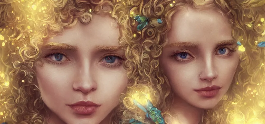 Prompt: beautiful blond, curly, Emma Wardell, perfect face and body, birthday in a magic garden, fairies, monkeys, diamonds, scissor, smooth, sharp focus, illustration, realistic, cinematic, artstation, gold, ornate, award winning, original modern artwork, rgb ethereal lighting, 8k