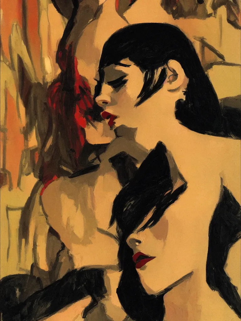 Image similar to portrait profile of one mysterious dark beautiful women in 1 9 7 8, oil painting by john watkiss