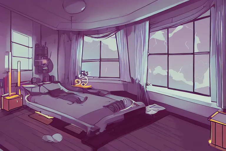 Image similar to thunderstorm bedroom, retro illustration in the style of makoto shinkai and leiji matsumoto