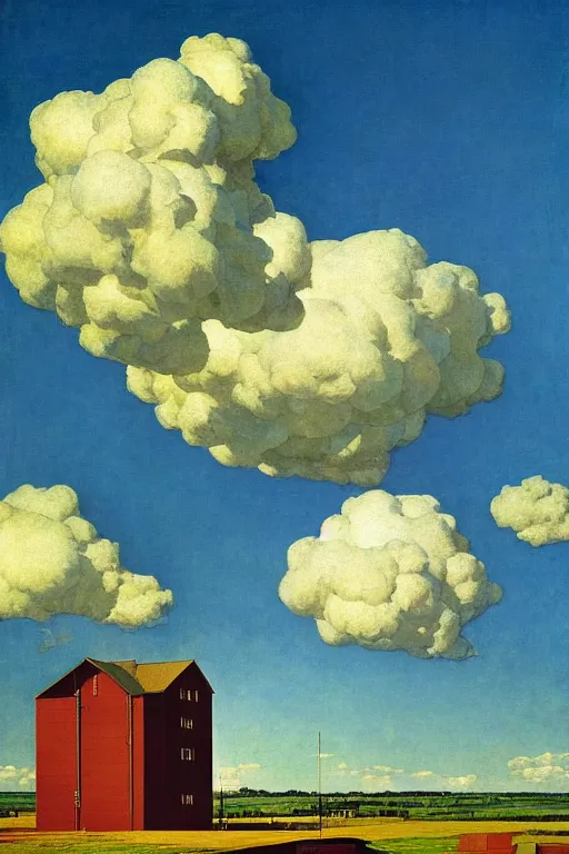 Prompt: beautiful cumulonimbus clouds behind a grain elevator, dramatic lighting, idyllic, pastoral, nc wyeth, frederick remington, jeffrey smith, magritte