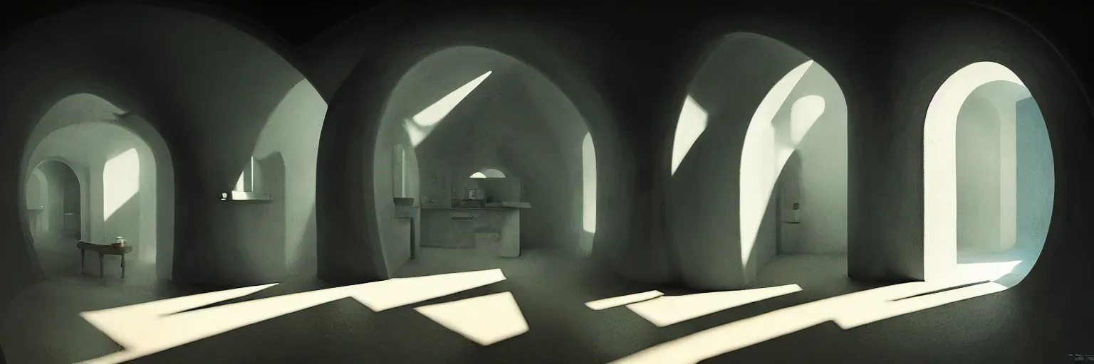 Prompt: volumetric shadows, volumetric lighting, black goya painting of underground, basement, fisheye, curved perspective, naive, extra narrow, old kitchen, large floor, by rhads and gaudi, tavern walls, curved walls