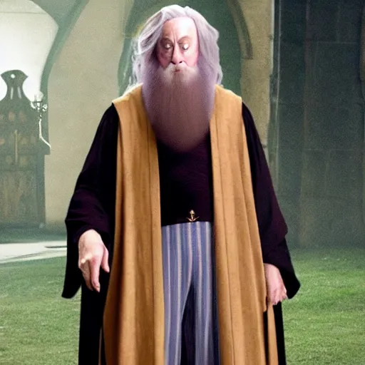 Prompt: Dumbledore with an afro and bell bottom pants