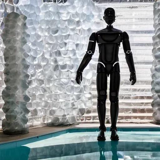 Image similar to a realistic detailed photo of a guy who is an attractive humanoid who is half robot and half humanoid, who is a male android, wrestler a. j. ferrari, shiny skin, posing like a statue, blank stare, by the pool, on display, showing off his muscles, humanoid robot, frozen ice statue