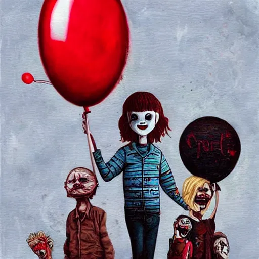 Prompt: grunge painting of stranger things with a wide smile and a red balloon by chris leib, loony toons style, pennywise style, corpse bride style, horror theme, detailed, elegant, intricate