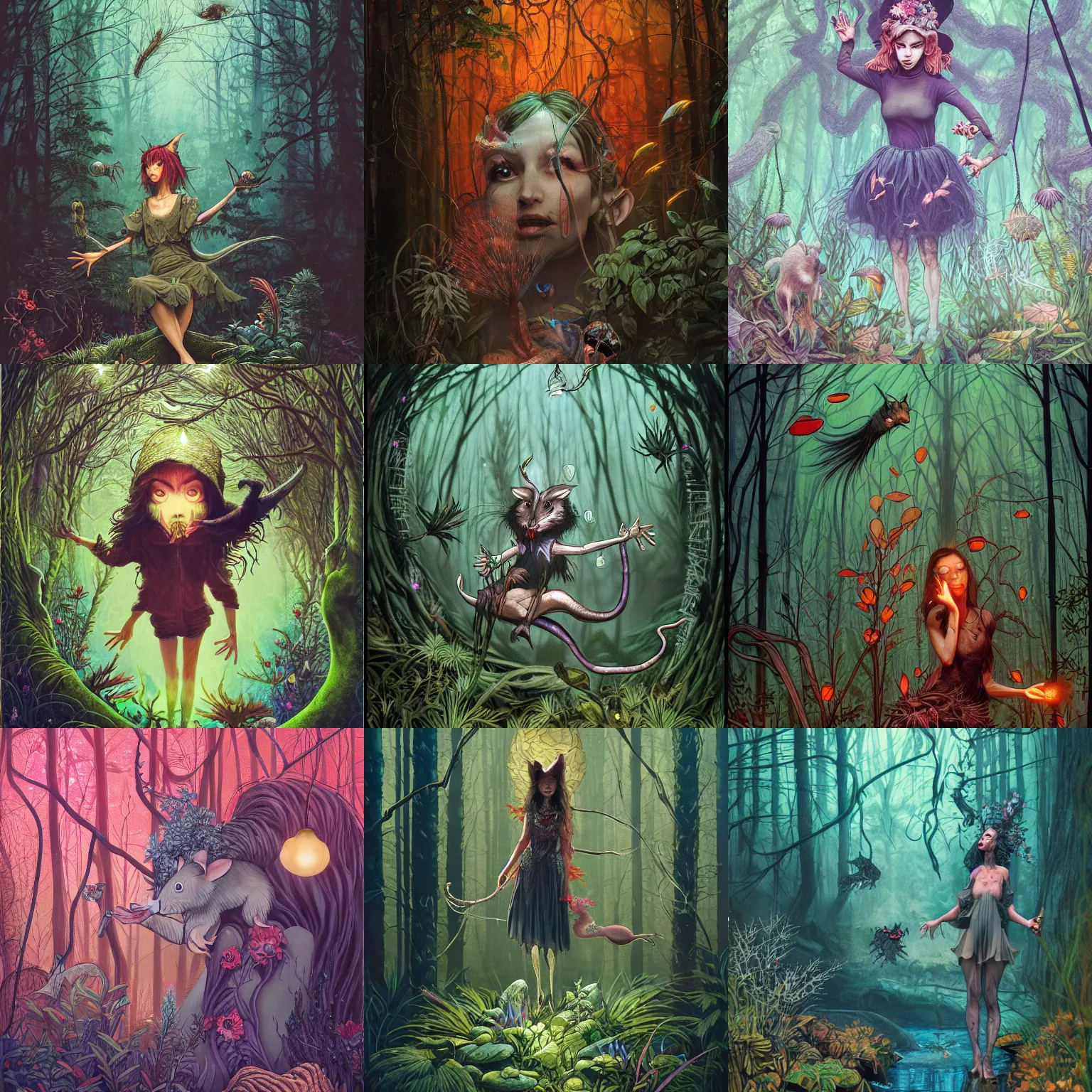 Prompt: rat witch in forest, plants, magical lights, dramatic lights, levitating, fishes, water, fine detail, art by James Jean, Ilya Kuvshinov, oil on canvas, movie poster, cinematic