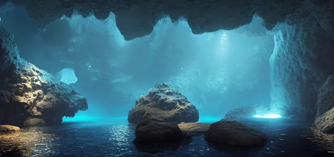 Image similar to beautiful view of an underwater cavern, glowing water with caustics, dark atmosphere, dappled light, reflections, light rays. refraction, symmetry, cinematic lighting, ultra detailed, sharp, ambient occlusion, bloom, raytracing, by dylan cole, sebastian meyer and jordan grimmer