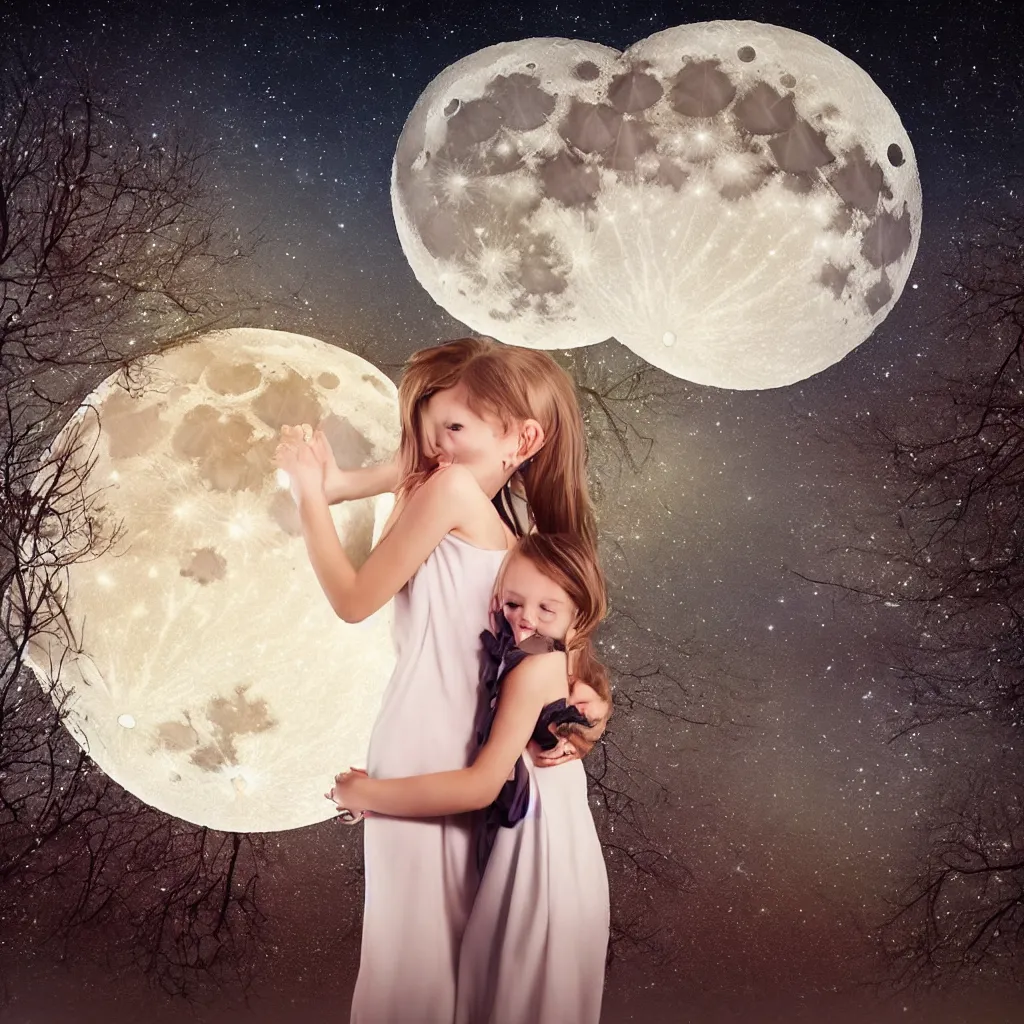 Prompt: girl hugs the moon, dress, realistic, night, light