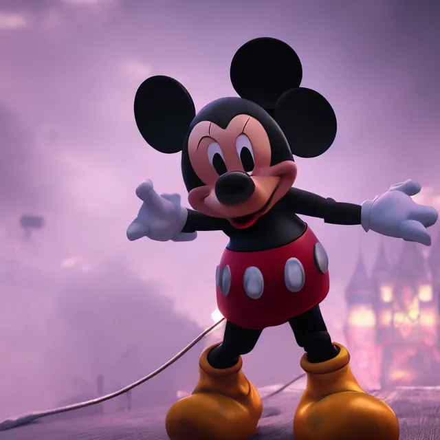 Prompt: ultra realistic mickey mouse wearing heavy armour, dark cinematic, volumetric, realistic, 3 d render, realistic render, cinematic lighting, volumetric lighting, atmospheric, cinematic, unreal engine 5, unreal engine render, octane render, hd, photorealism, hyper realistic, photo, 8 k