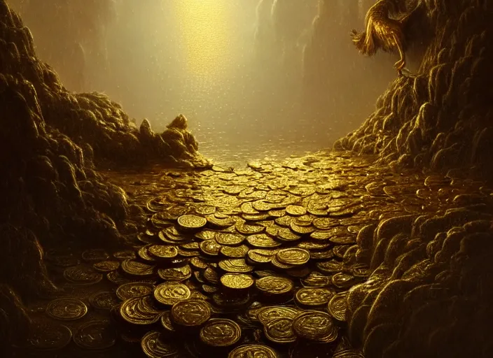 Image similar to heaven, gold coins as rain, beautifully, fantasy, dramatic, intricate, elegant, highly detailed, digital painting, artstation, concept art, smooth, sharp focus, illustration, art by Gustave Dore, octane render