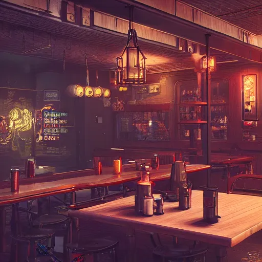 Image similar to Interior design Middle aged tavern in cyberpunk style by Moebius and Beeple. Very highly detailed 8K, Octane render