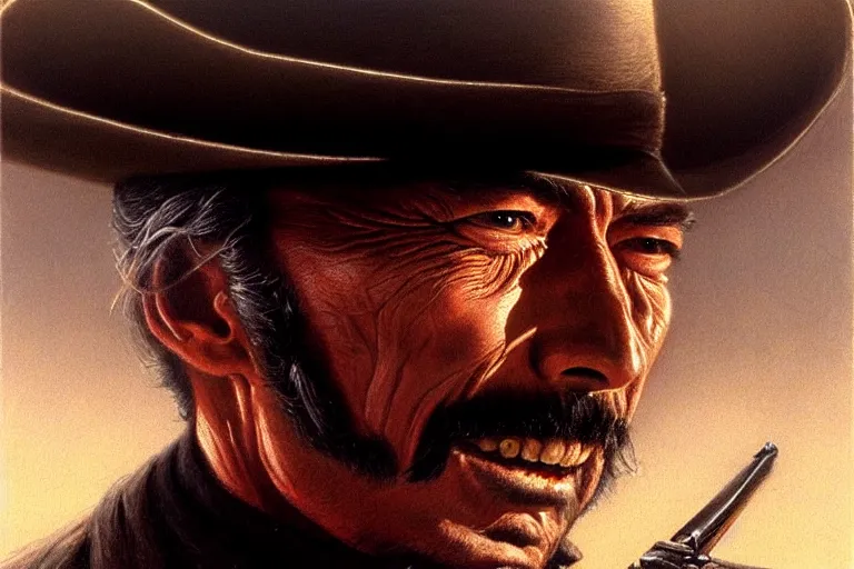 Image similar to close portrait of lee van cleef as a mean cowboy in pale rider ( 1 9 8 5 ). movie still, highly detailed, centered, digital painting, artstation, concept art, smooth, sharp focus, illustration, artgerm, tomasz alen kopera, peter mohrbacher, drew struzan