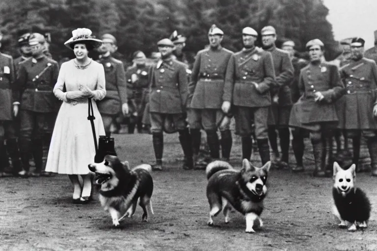 Image similar to ultra wide historical far away photo of young queen elizabeth and her corgi army conquering nazi germany, sharp focus, highly detailed